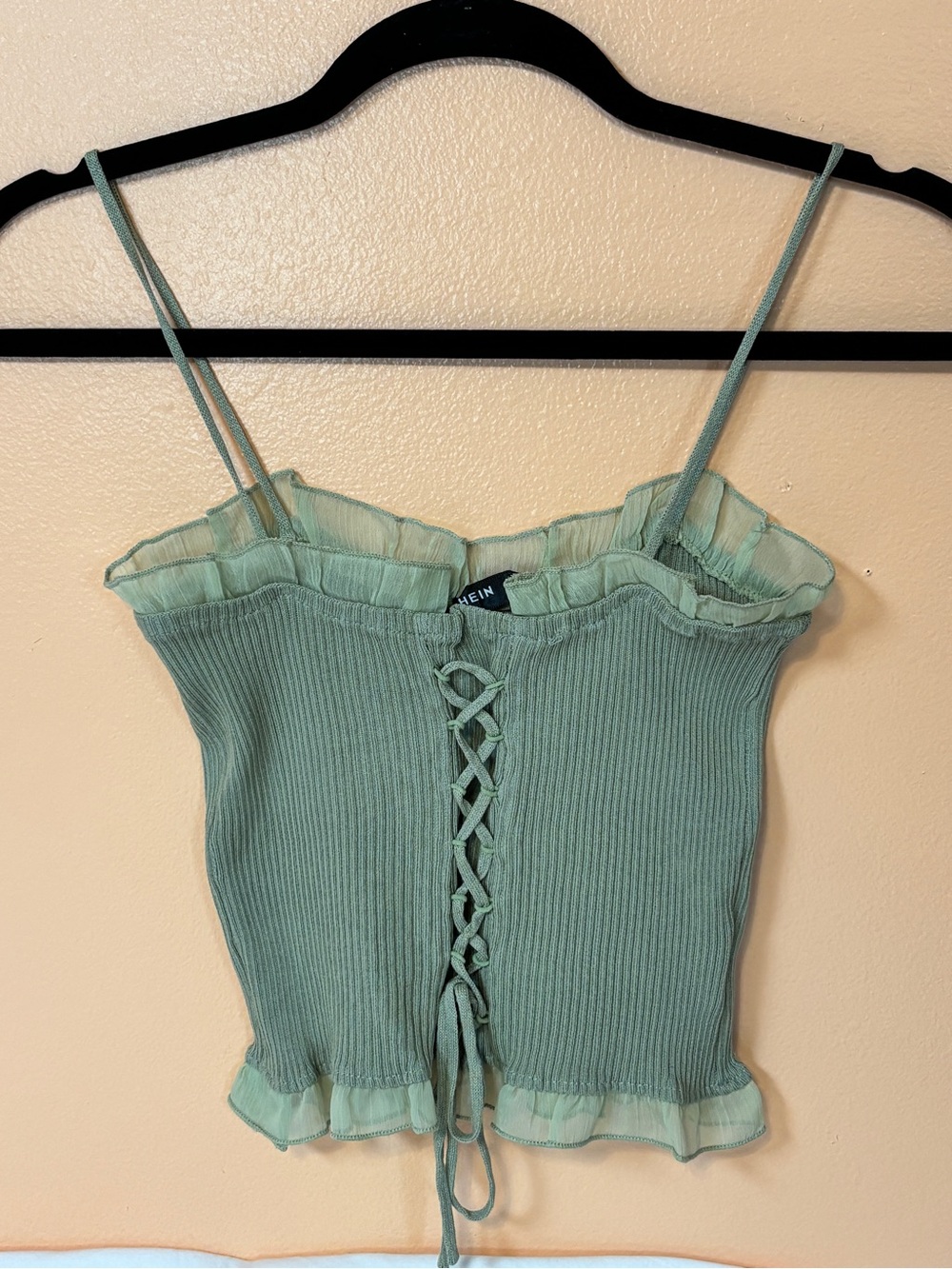 SHEIN Sage Green Ribbed Lace-Up Cami with Ruffle Trim